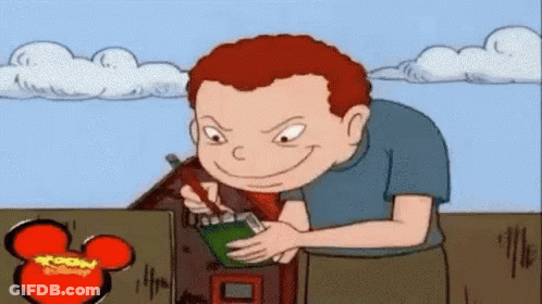 A Cartoon Character Is Smiling While Holding A Notebook In Front Of A Mickey Mouse Logo . GIF