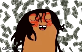 A Cartoon Character Is Smiling While Money Is Falling Around Her GIF