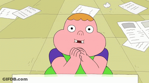 A Cartoon Character Is Smiling With Papers On The Floor In The Background GIF