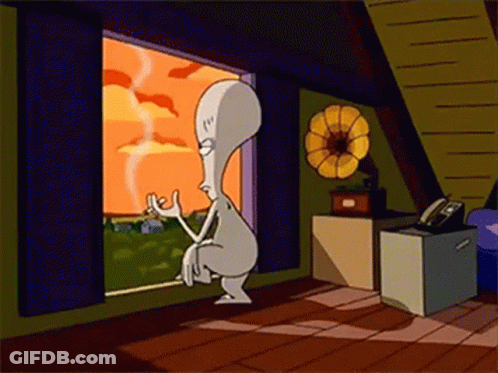 Cartoon Character Squatting By Window Looking Out GIF