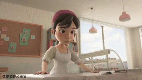 A Cartoon Character Is Standing At A Counter In A Store GIF