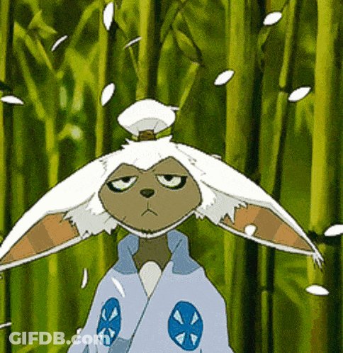 A Cartoon Character Is Standing In A Bamboo Forest With Petals Falling From The Trees GIF