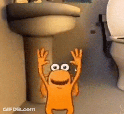 A Cartoon Character Is Standing In A Bathroom With His Hands In The Air . GIF