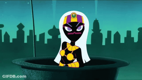 A Cartoon Character Is Standing In A Bucket With Buildings In The Background GIF