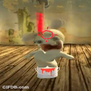 A Cartoon Character Is Standing In A Bucket With Red Paint On It GIF