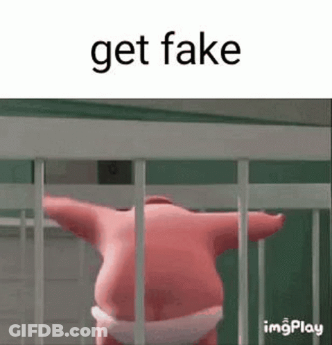 A Cartoon Character Is Standing In A Cage With The Words `` Get Fake '' . GIF