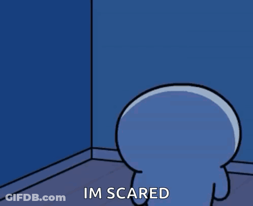 A Cartoon Character Is Standing In A Corner And Says I 'M Scared . GIF