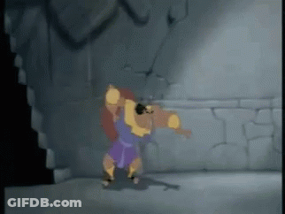 A Cartoon Character Is Standing In A Dark Room Holding A Large Object . GIF