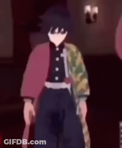 A Cartoon Character Is Standing In A Dark Room Holding A Sword And Wearing A Red Jacket . GIF