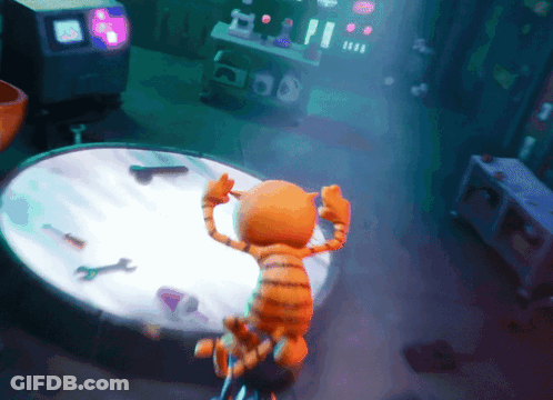 A Cartoon Character Is Standing In A Dark Room With A Light Shining On It GIF