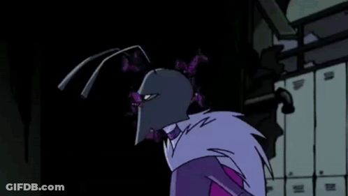A Cartoon Character Is Standing In A Dark Room With A Purple Helmet On His Head . GIF