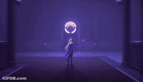 A Cartoon Character Is Standing In A Dark Room With A Purple Light Coming Out Of Her Face . GIF