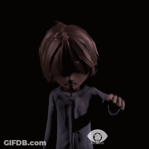 A Cartoon Character Is Standing In A Dark Room With An Eye Icon In The Corner GIF