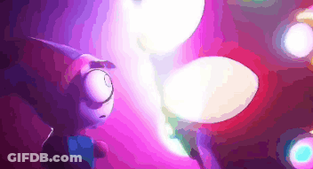 A Cartoon Character Is Standing In A Dark Room With Purple Lights Behind Him GIF
