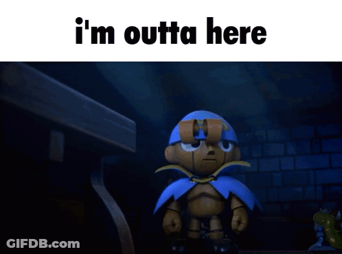 A Cartoon Character Is Standing In A Dark Room With The Words " I 'M Outta Here " Below Him GIF