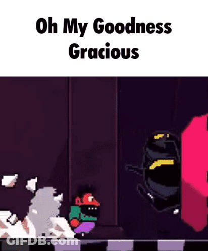 A Cartoon Character Is Standing In A Dark Room With The Words `` Oh My Goodness Gracious '' . GIF
