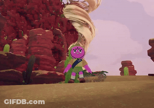 A Cartoon Character Is Standing In A Desert With A Tornado Behind Him GIF
