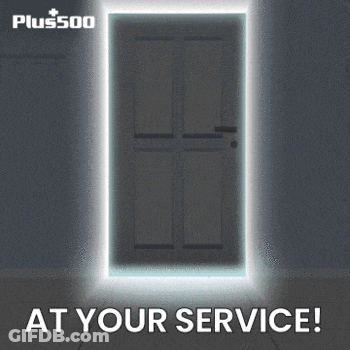 A Cartoon Character Is Standing In A Doorway With The Words " At Your Service " Below Him GIF