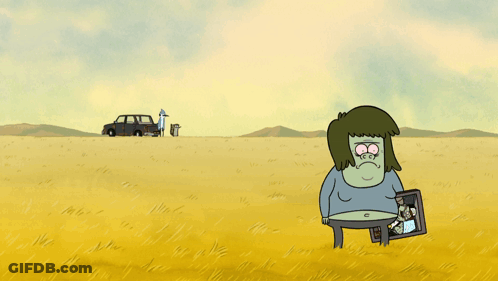 A Cartoon Character Is Standing In A Field Holding A Picture Of Himself GIF
