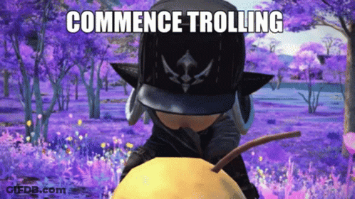 A Cartoon Character Is Standing In A Field Of Purple Flowers With The Words Commence Trolling Above Him GIF