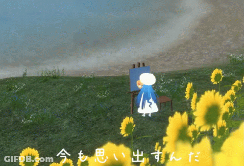 A Cartoon Character Is Standing In A Field Of Sunflowers Painting A Picture GIF