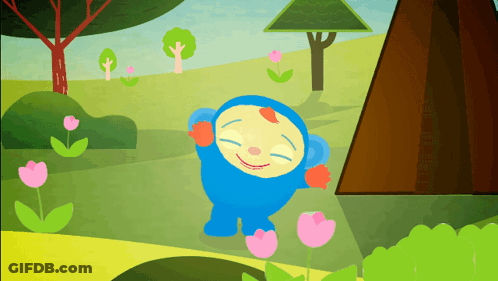 A Cartoon Character Is Standing In A Field With Pink Flowers GIF