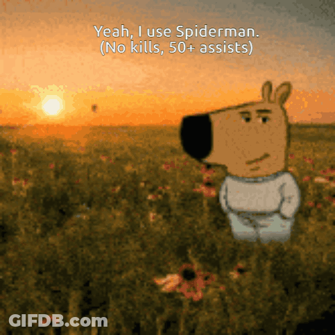A Cartoon Character Is Standing In A Field With The Words Yeah I Use Spiderman No Kills 50+ Assists GIF