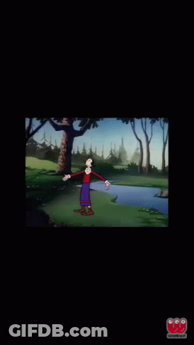 A Cartoon Character Is Standing In A Field With Trees And A River In The Background GIF