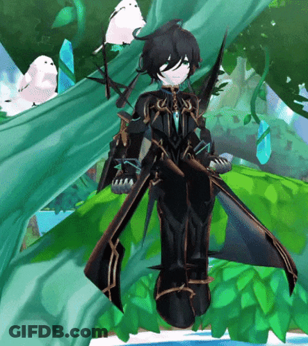 A Cartoon Character Is Standing In A Forest With A Sword In His Hand GIF