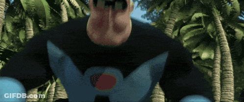 A Cartoon Character Is Standing In A Jungle With Palm Trees GIF