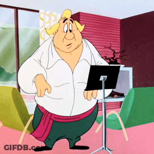 A Cartoon Character Is Standing In A Living Room Holding A Sheet Music GIF
