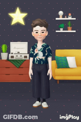 A Cartoon Character Is Standing In A Living Room With A Yellow Couch And A Star Above Him GIF