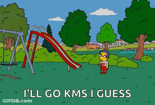 A Cartoon Character Is Standing In A Park With The Words I 'Ll Go Kms I Guess Below Him GIF