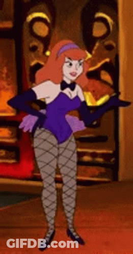 A Cartoon Character Is Standing In A Room Wearing A Purple Bodysuit And Stockings . GIF