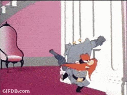 A Cartoon Character Is Standing In A Room With A Chair In The Background GIF