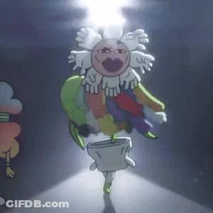 A Cartoon Character Is Standing In A Room With A Light Shining On It . GIF