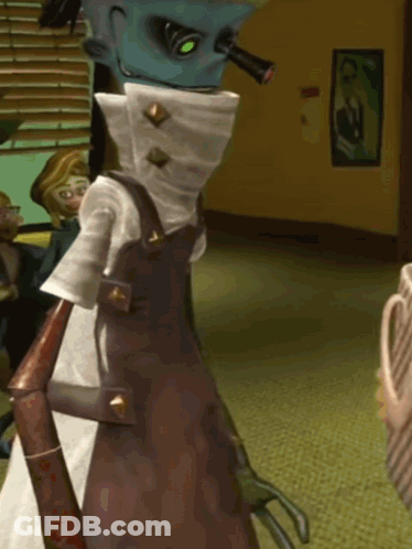 A Cartoon Character Is Standing In A Room With A Picture On The Wall Behind Him GIF