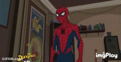 A Cartoon Character Is Standing In A Room With A Sign That Says Dukktales All New GIF