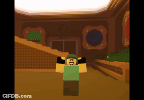 A Cartoon Character Is Standing In A Room With A Sign That Says " Stairs " GIF