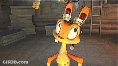 A Cartoon Character Is Standing In A Room With Boxes And A Ladder Behind Him GIF