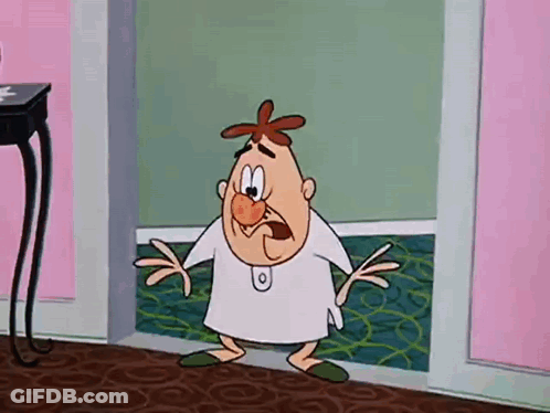 A Cartoon Character Is Standing In A Room With His Arms Outstretched And A White Shirt On . GIF