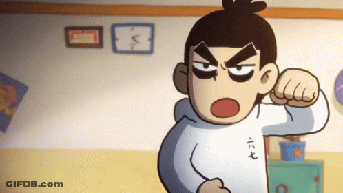 A Cartoon Character Is Standing In A Room With His Fist In The Air GIF