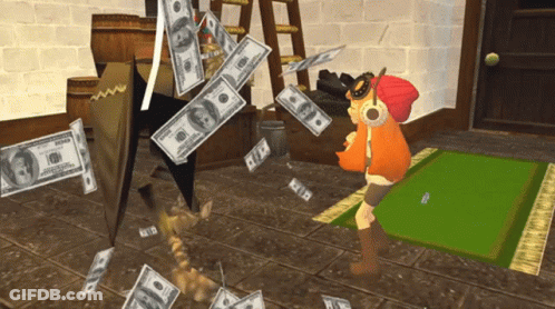 A Cartoon Character Is Standing In A Room With Hundred Dollar Bills Falling Around Him GIF