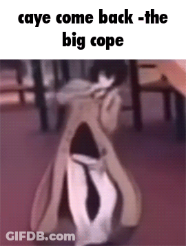A Cartoon Character Is Standing In A Room With The Words `` Caye Come Back - The Big Cope '' . GIF