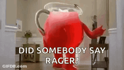 A Cartoon Character Is Standing In A Room With The Words `` Did Somebody Say Rager '' Written On It . GIF