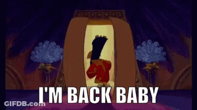 A Cartoon Character Is Standing In A Room With The Words I 'M Back Baby On The Bottom GIF