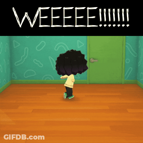 A Cartoon Character Is Standing In A Room With The Words Weeeee Written On The Top GIF