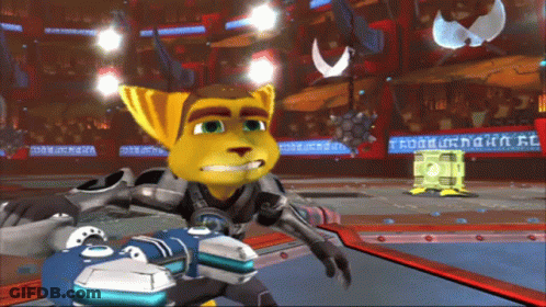 A Cartoon Character Is Standing In A Stadium With A Sign That Says ' Ratchet And Clank ' On It GIF
