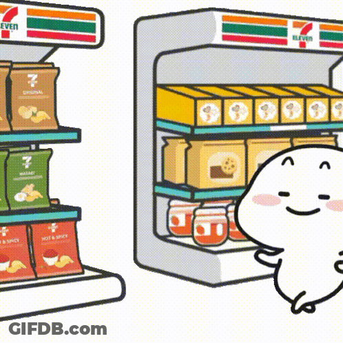 A Cartoon Character Is Standing In Front Of A 7 Eleven Shelf GIF