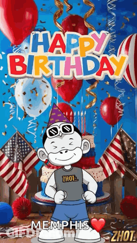 A Cartoon Character Is Standing In Front Of A Birthday Cake Surrounded By Balloons And Confetti . GIF